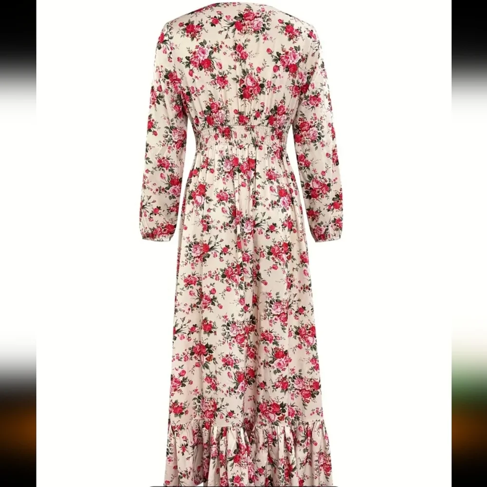 Romantic Boho maxi with pink and Red Floral Print On Beige Background. SIZE L. - Picture 5 of 6